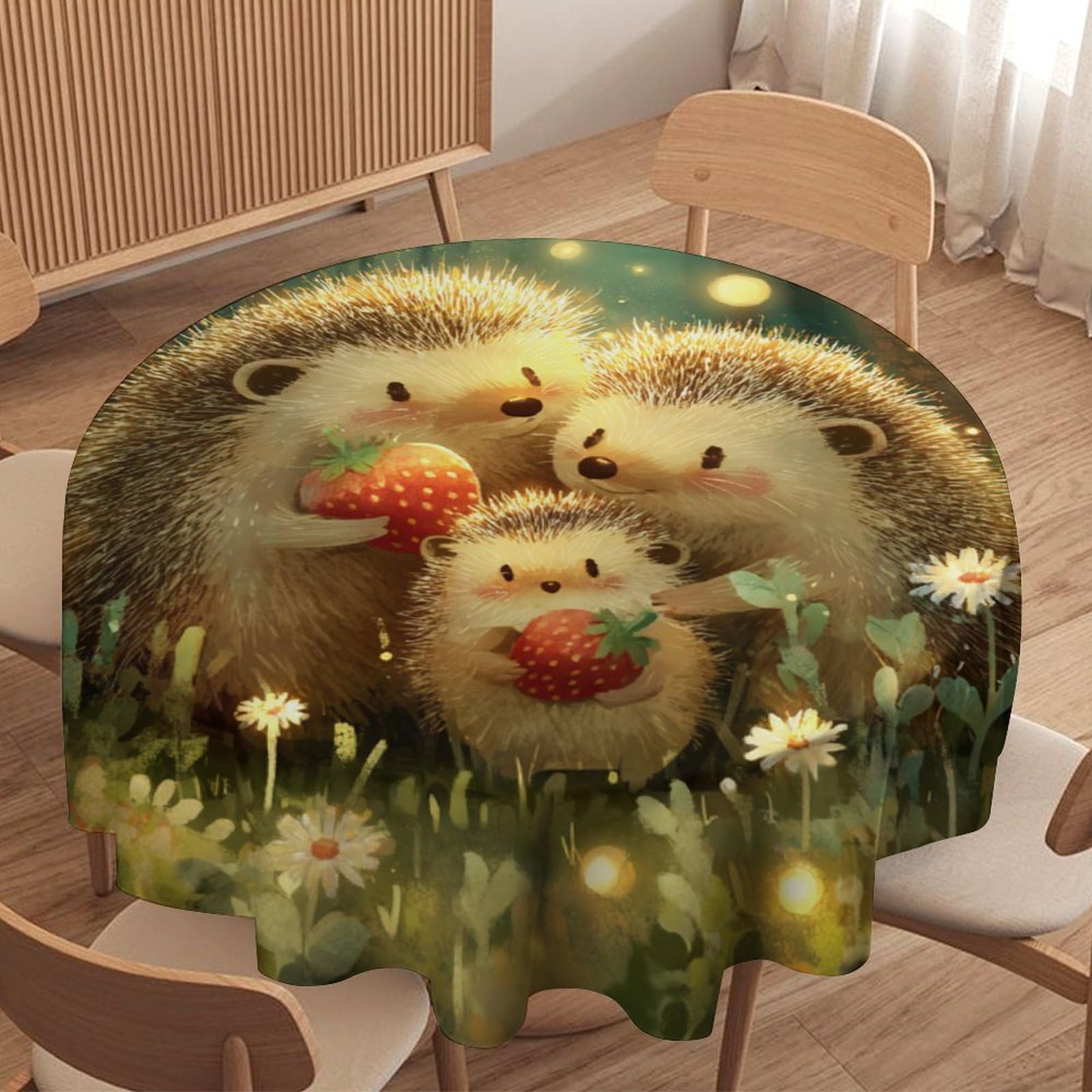 LUYYSKY Modern Watercolor Cute Hedgehog Round Tablecloth Rustic Anime Spring Forest Daisies Flowers Animals Hedgehogs Pattern Washable Decor for Table Cover for Kitchen-177.8" Wx177.8 L cm