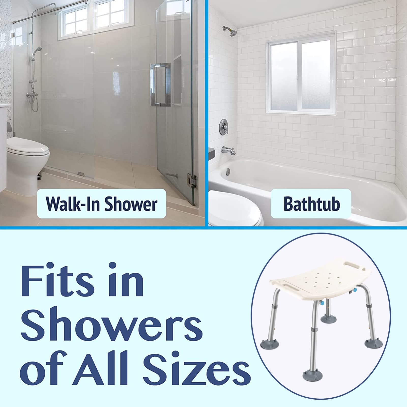 Taburete de Ducha para Ancianos,Taburete de Baño Ventosa Grande Antideslizante Silla de Ducha Asiento de Baño Ducha Sin Respaldo Ajustable en Altura 38-53cm Asiento de Ducha