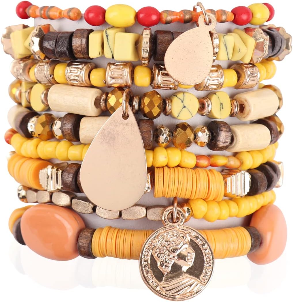 RIAH FASHION Multi Layer Versatile Statement Bracelets - Stackable Beaded Strand Stretch Bangles Sparkly Crystal, Wood Bead, Tassel Charm Pendant