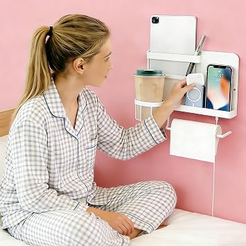Bcareself Bedside Wall Organizer, Floating Bedside Shelf Wall Mount, Dorm Room Essentials, Remote Control Holder, Dorm Decor Organization and Storage Cool Teen Girls Trendy Stuff White