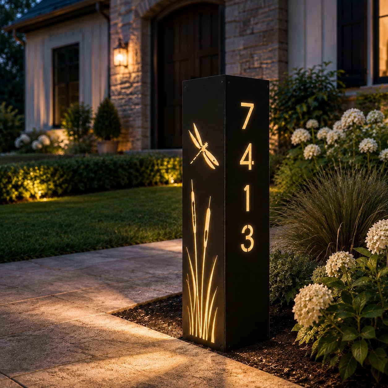 Custom Solar Metal Address Sign, Personalized Lighted House Number Post
