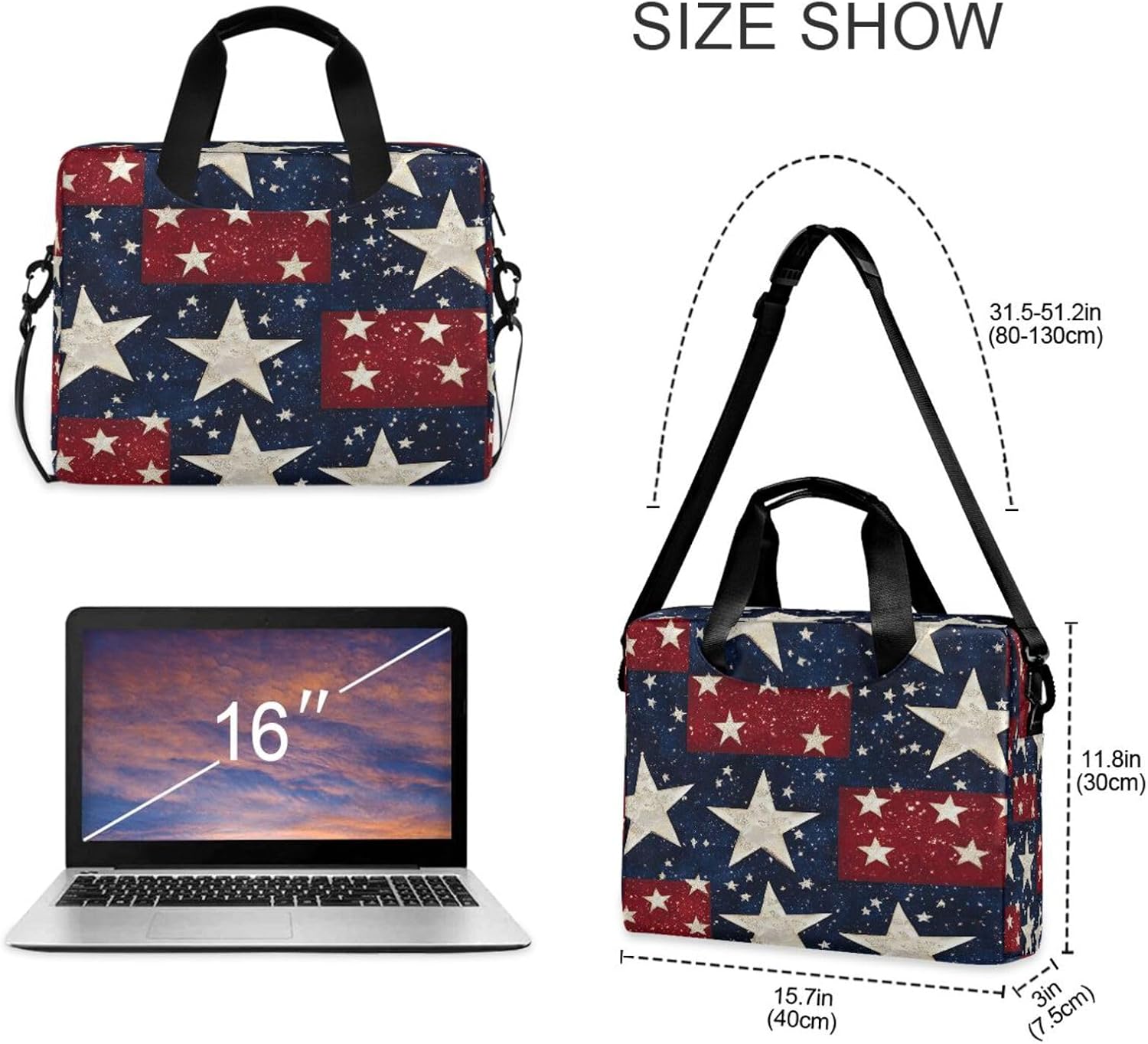 American Flag Stars 15.6 Inch Laptop Bag Briefcase for Business, Water-Resistant Computer Bag Fits 14-16 Inch Notebook for Men Women, Office Travel Work Backpack
