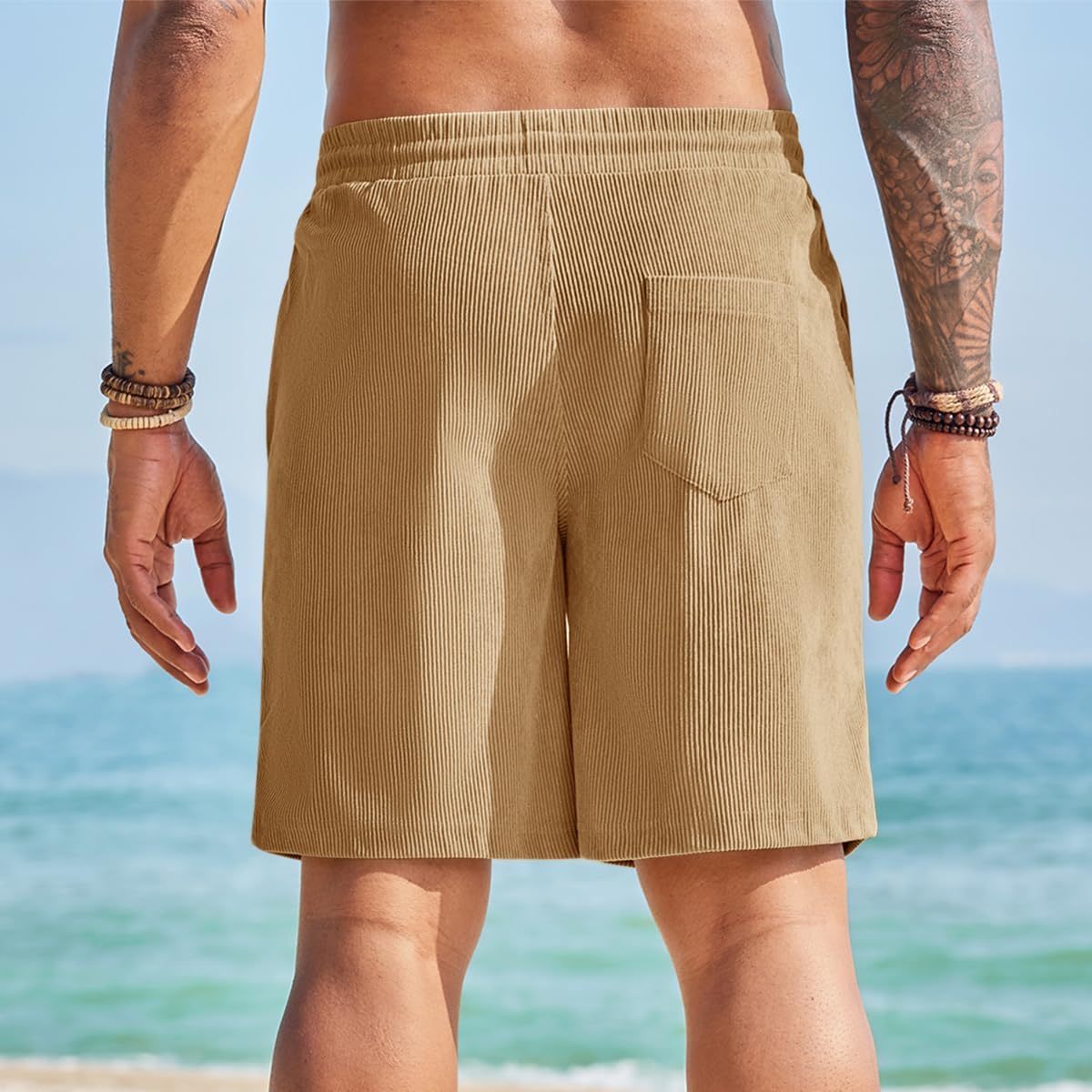 Yousify Men's Corduroy Shorts Casual Elastic Waist Drawstring Summer Beach Vacation Shorts with Pockets