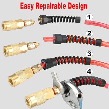 Polyurethane Recoil Air Hose, 1/4 Inch ID By 10 Feet Long Air Compressor Hose with Repairable Solid Brass1/4 Industrial Quick Coupler and Plug, 150 PSI Maximum Pressure, Red