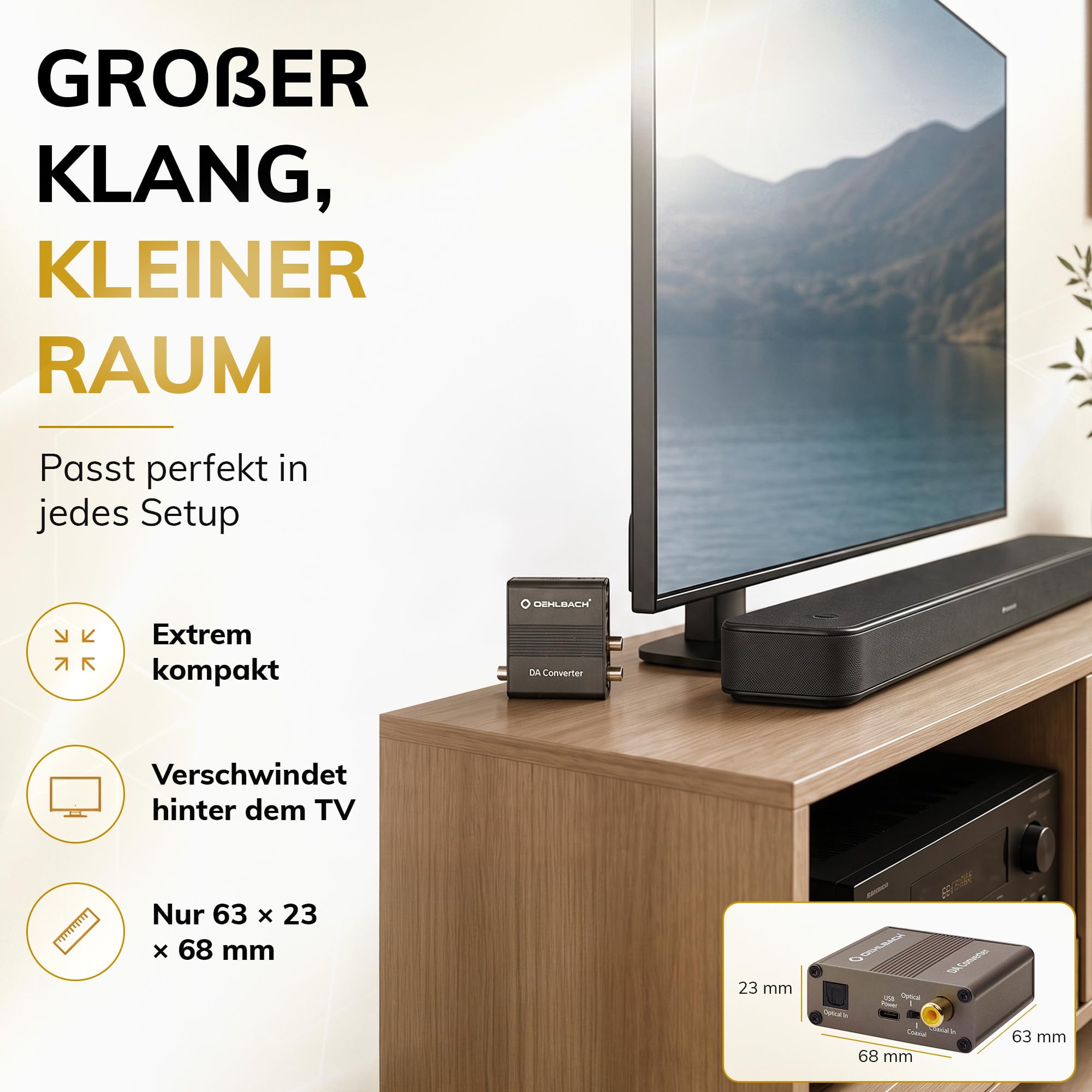 OEHLBACH Digi Bridge Convertisseur audio numérique/analogique coaxial/optique, R-L/jack, connecteur d'alimentation USB de type C, puce Cirrus Logic, marron