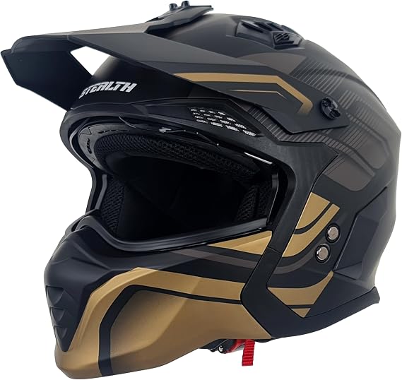 Motorcycle Crash Helmet Stealth Fighter ECE 22.06 Approved Multi Function Full Face & Open Face Helmet Removable Peak - Orbit Black/Gold Matt