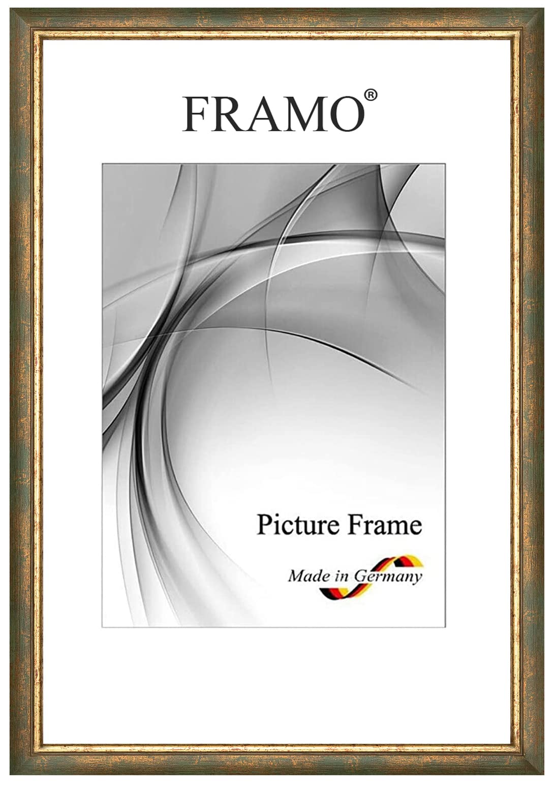 FRAMO Marco de fotos barroco 50 x 70 cm en madera maciza | Verde dorado | Color/tamaño seleccionable | Marco vintage retro antiguo N°067