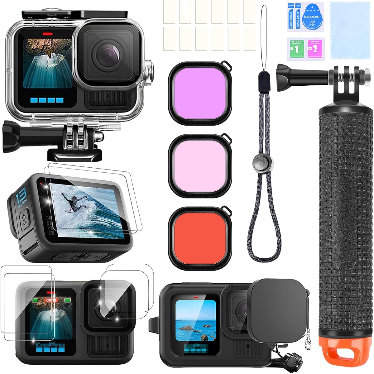 Accessories Kit for Gopro Hero 13 Waterproof Housing Case | Underwater Float Handle Stick Silicone Sleeve Lens Cap Tempered Glass Screen Protectors Dive Filters Anti-Fog Inserts Set