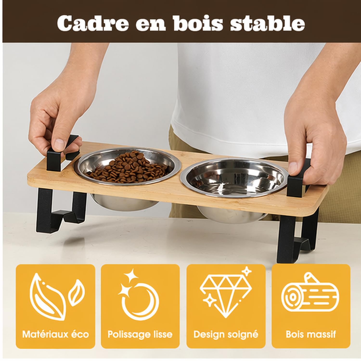 Gamelle Chat Surélevée, Rehausseur Gamelle Chat, Gamelles Surélevées Inclinées à 15° avec 2 Gamelles en Acier Inoxydable pour Chats et Petits Chiens.