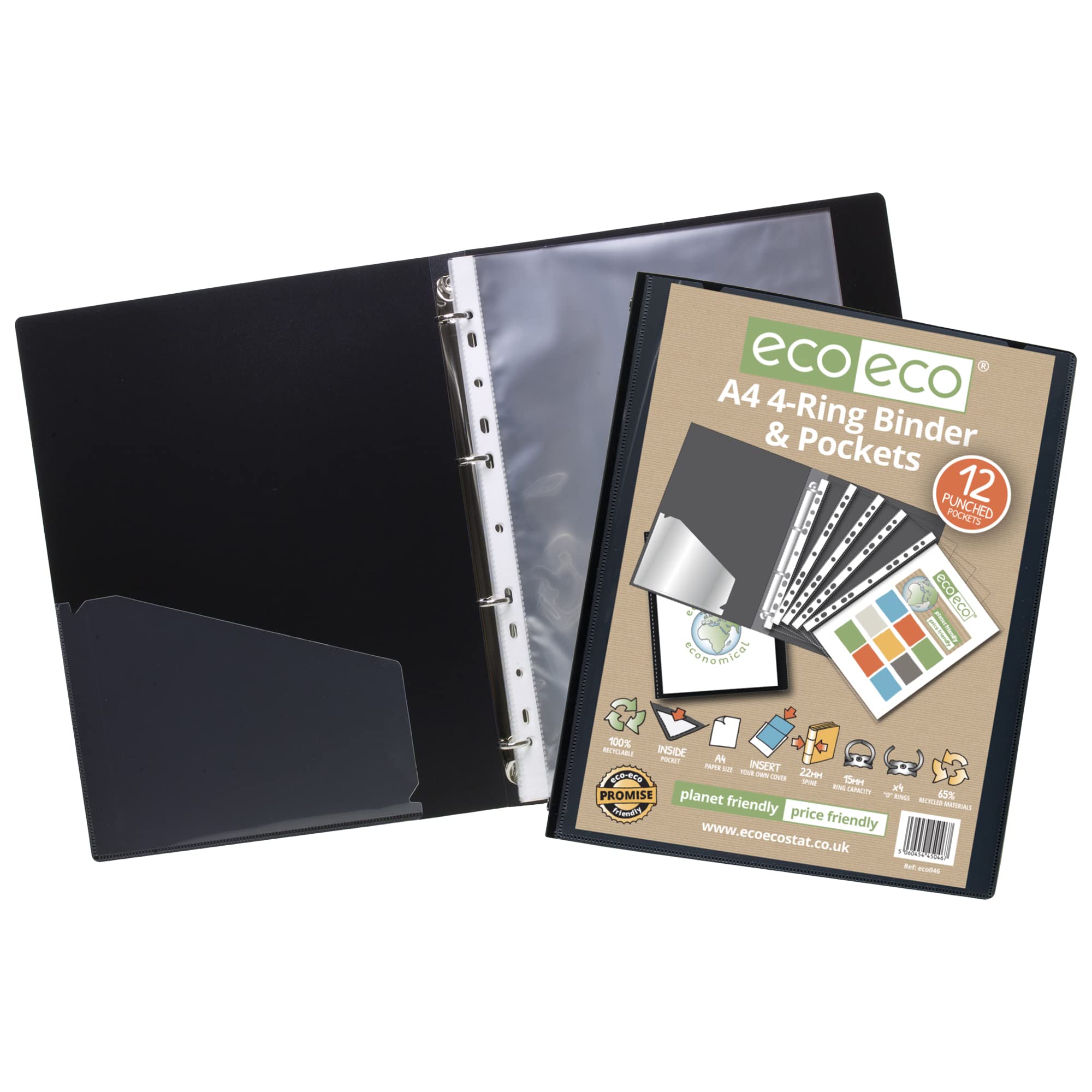 eco-eco A4 65% recyceltes Präsentationsbuch mit 4 O-Ringen, 12 mehrfach gelochten Hüllen, 22 mm Rücken, schwarz, eco046x12