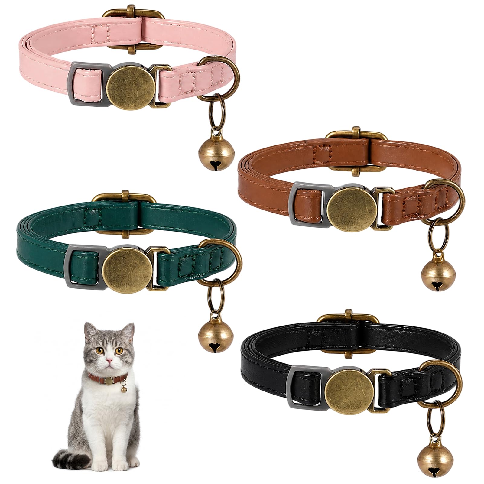 4 Pcs Leather Cat Collars With Bell, Quick Release Breakaway Kitten Collars