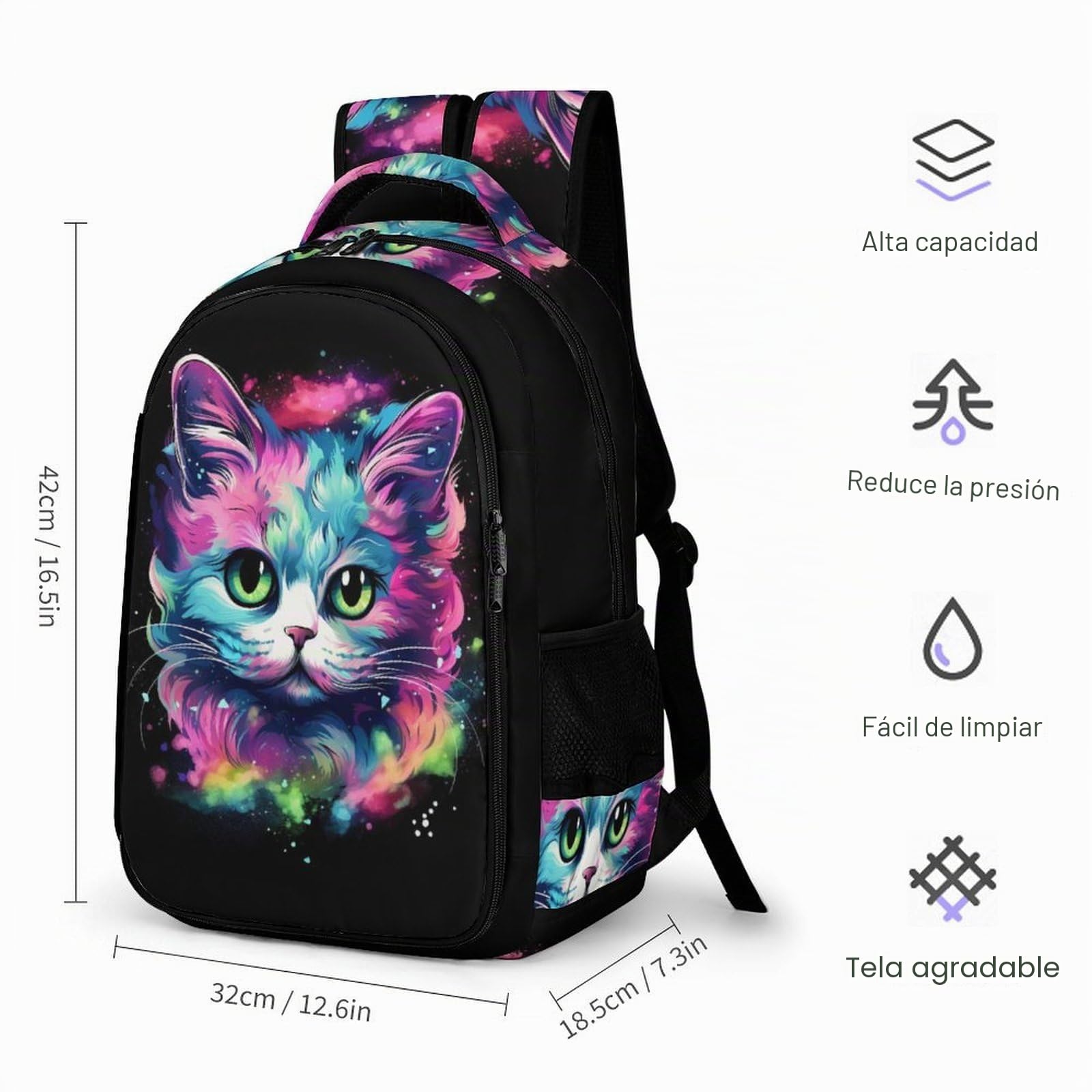 Gato Colorido Mochila Para El Colegio Estudiantes Infantil Mochila Escolar Personalizada Para Estudiantes De Secundaria, Impermeable Y Resistente Al Desgaste.