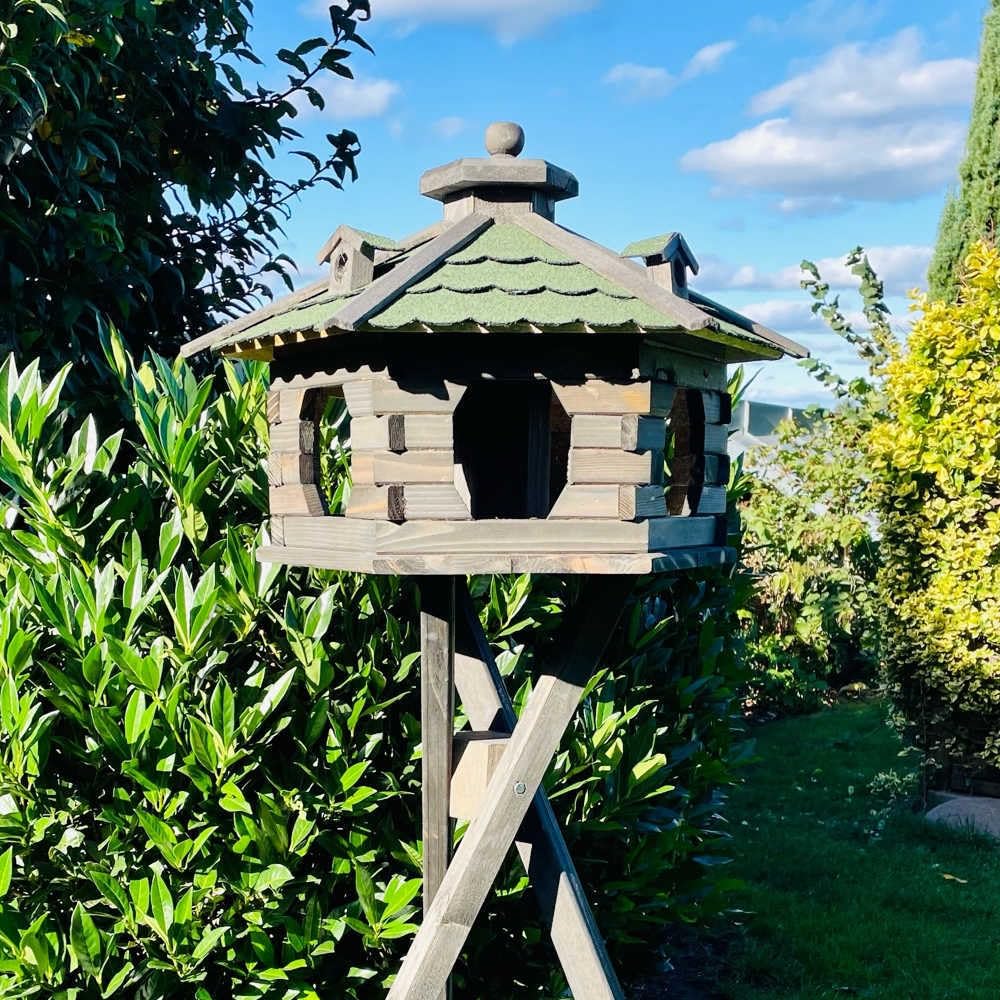 Vogelfutterhaus XL Sechseck Vogelhaus + Ständer Futterstelle Braun/Grün