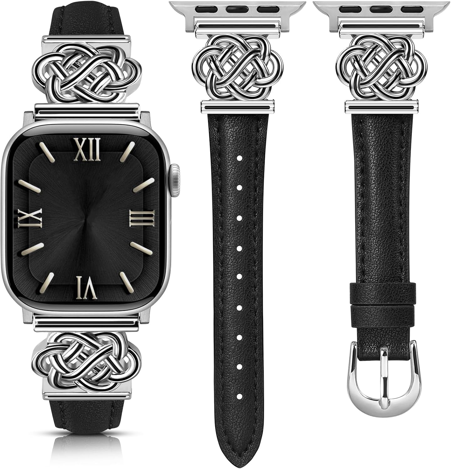 Minyee Celtic Knot Leather Band Compatible with Apple Watch Band 41/40/38/44/45/46/49/42mm Women, Slim Thin Dressy Premium Leather Adjustable Strap for iWatch Series 11 10 9 8 7 6 5 4 SE/Ultra 3 2 1