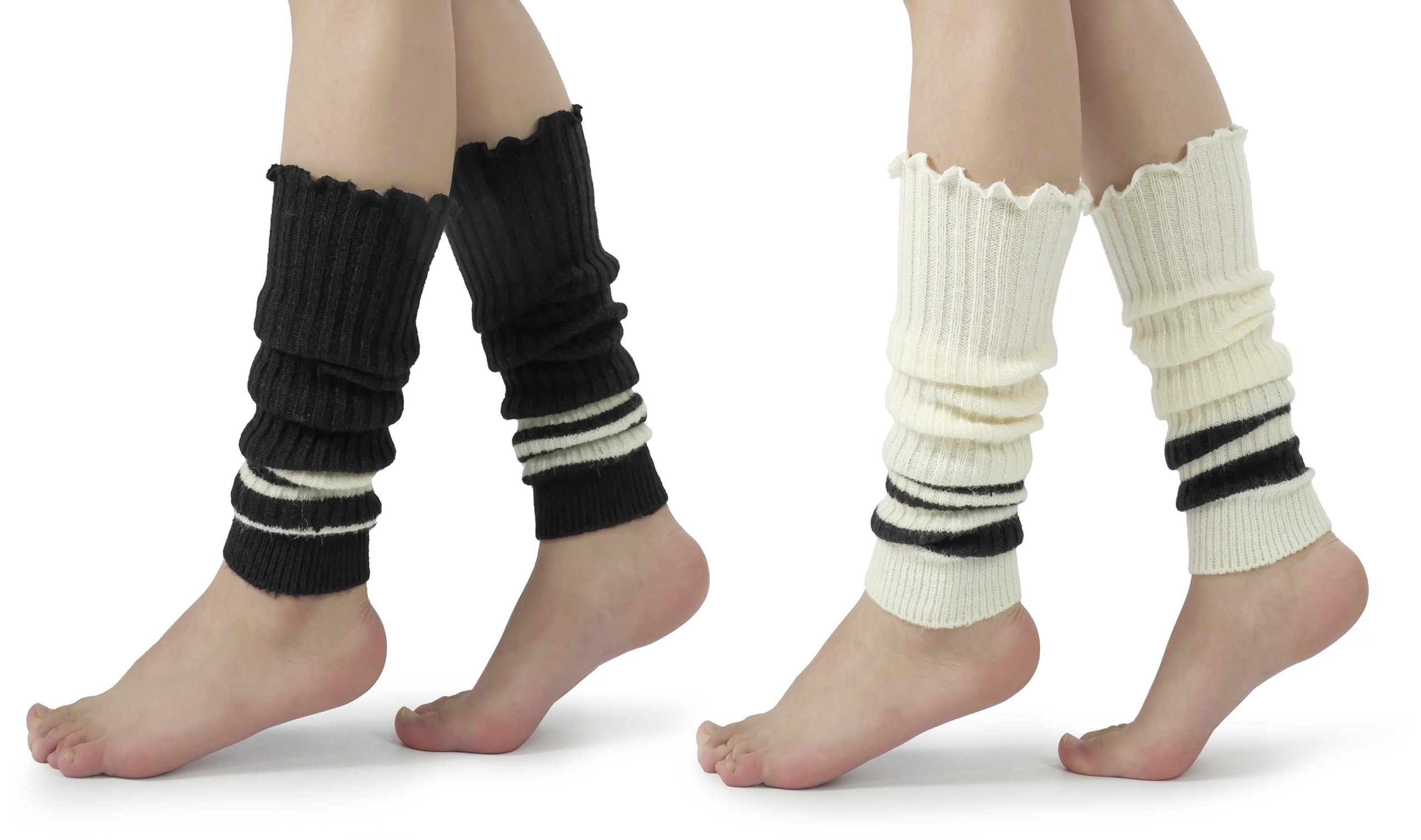BomKinta Women Leg Warmers with Holes - Fashion Ruffle Stripe Leg Sleeves - Retro Knee High Footless Socks
