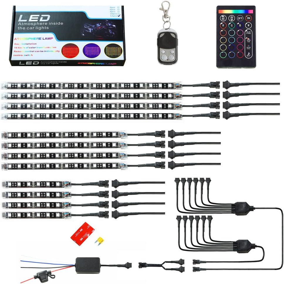 Muening 12Pcs Motorcycle RGB Led Light Kit Strips Multi-Color Accent Glow Neon Lights Lamp