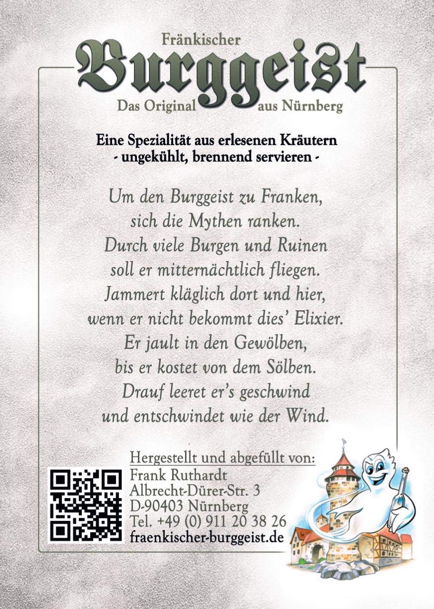 Fränkischer Burggeist ® 0,7 Liter 4 Flaschen Kultbrand DLG Gold, Nürnberg, Deutsche Qualität vom Hersteller, Kräuterlikör, Kräuterliqueur, Kräuterschnaps, Wer Hochmoorgeist mag, wird Burggeist lieben