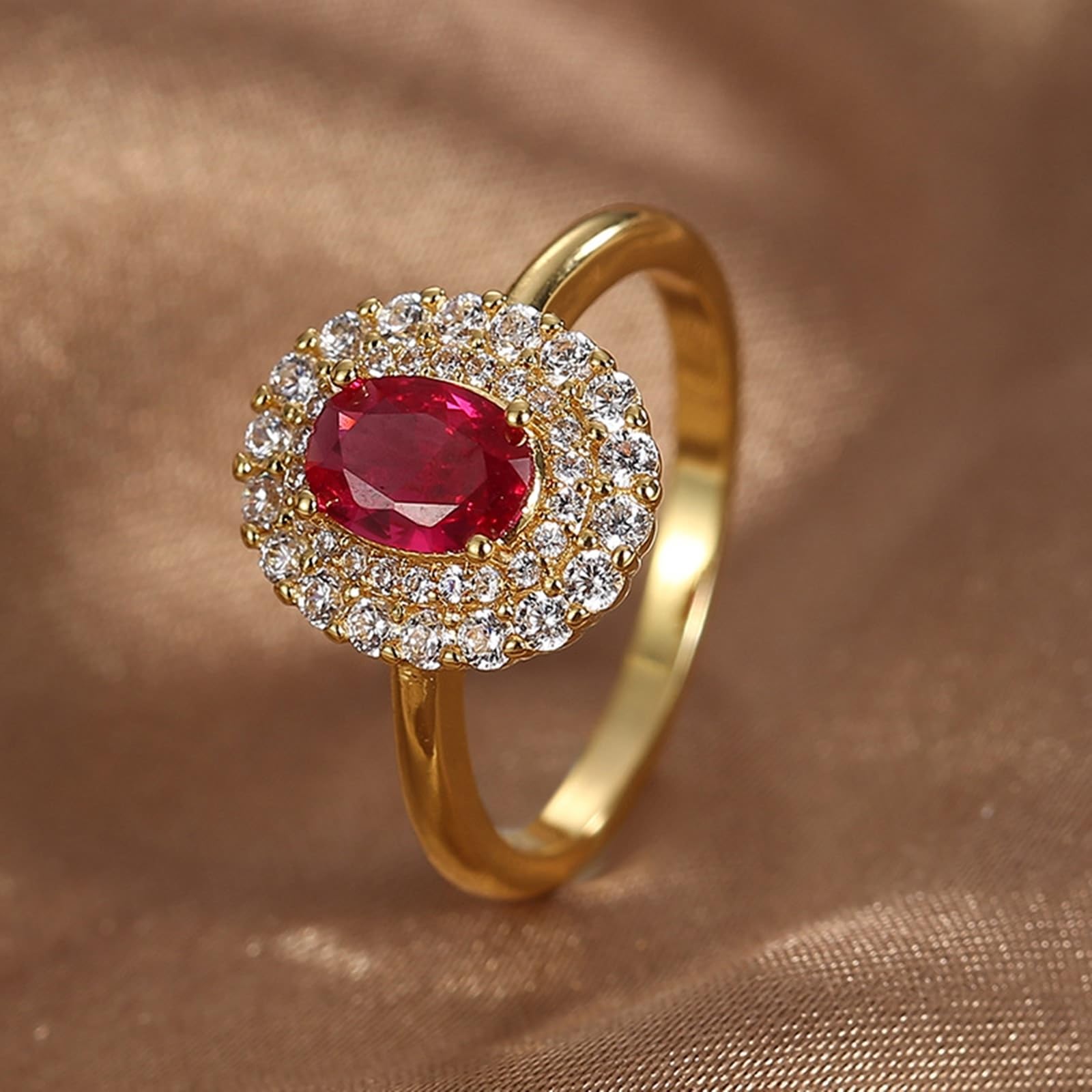 9 Karat/14 Karat/18 Karat Gelbgold Damen Ring Laborgeschaffener Rubin Rot, Damen Ring Halo