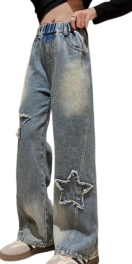 Jeans Baggy Vintage Fille - Taille Haute, Coupe Large, Motif étoiles, 5 Couleurs Et 6 Tailles Disponibles