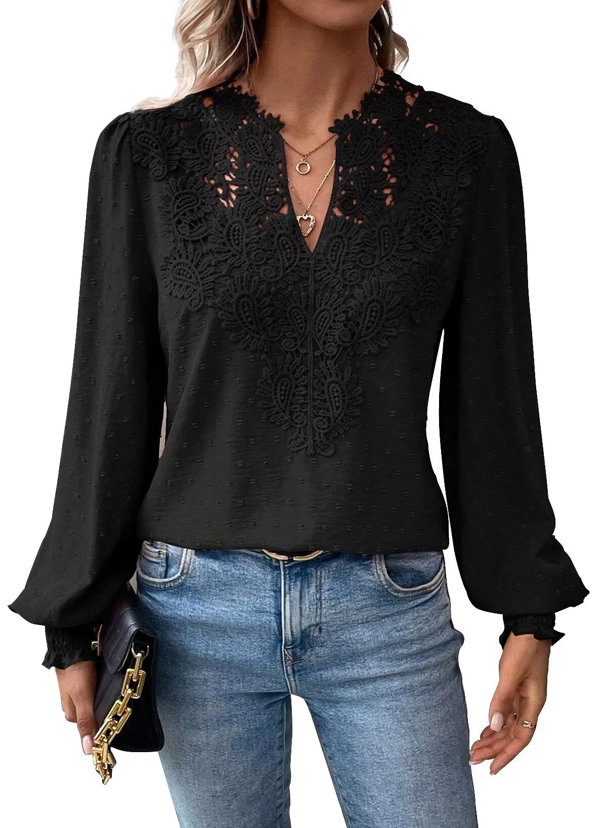 Womens Tops V Neck Boho Long Sleeve Shirts Swiss Dot Chiffon Blouses Flowy Lace Crochet Clothing Casual Trendy Tunic