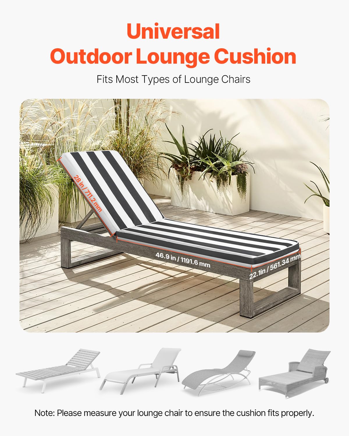 VEVOR Set di 2 Cuscino per Chaise Longue, 1889 x 561 x 71 mm, Cuscini per Lettini Prendisole Impermeabili e Resistenti allo Sbiadimento, Esterno con Lacci, per Piscina, Strisce Bianche e Nere