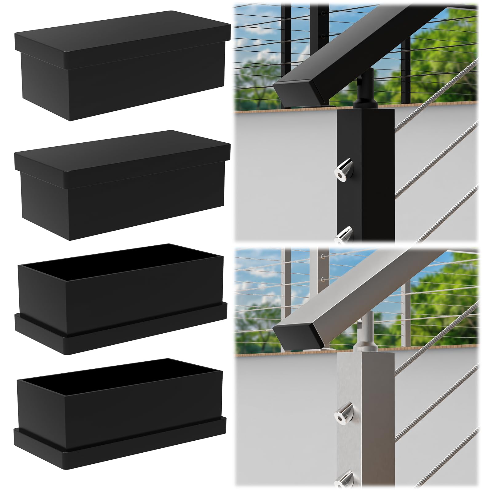 4 Pack Black Stainless Steel End Cap for Handrail, End Handrail Accessories Fit for 2.36" x1.18" Stainless Steel Hand Rail, Rectangular Tube Plug Flat Top Rail for Cable Railing System