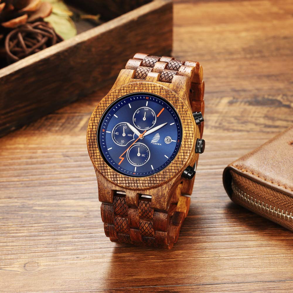 Orologio da Uomo in Legno, Pterocarpus soyauxii Black walnut ebony Orologio Legno Uomo Cronografo Al quarzo con Cinturino in Legno, Adattabile A Qualsiasi Misura Del Polso