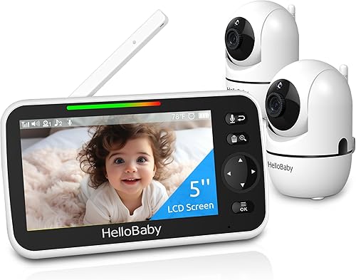 HelloBaby - Monitor de bebé de 5 pulgadas con batería de 26 horas, 2 cámaras con zoom, inclinación y panorámica, monitor de video y audio con rango
