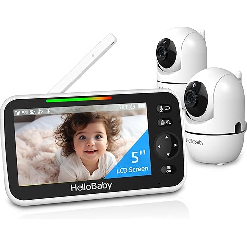 HelloBaby 5’’ Baby Monitor with 26-Hour Battery, 2 Cameras Pan-Tilt-Zoom, 1000ft Range Video Audio Baby Monitor No WiFi, VOX, Night Vision, 2-Way Talk, 8 Languages and Baby Registry Search