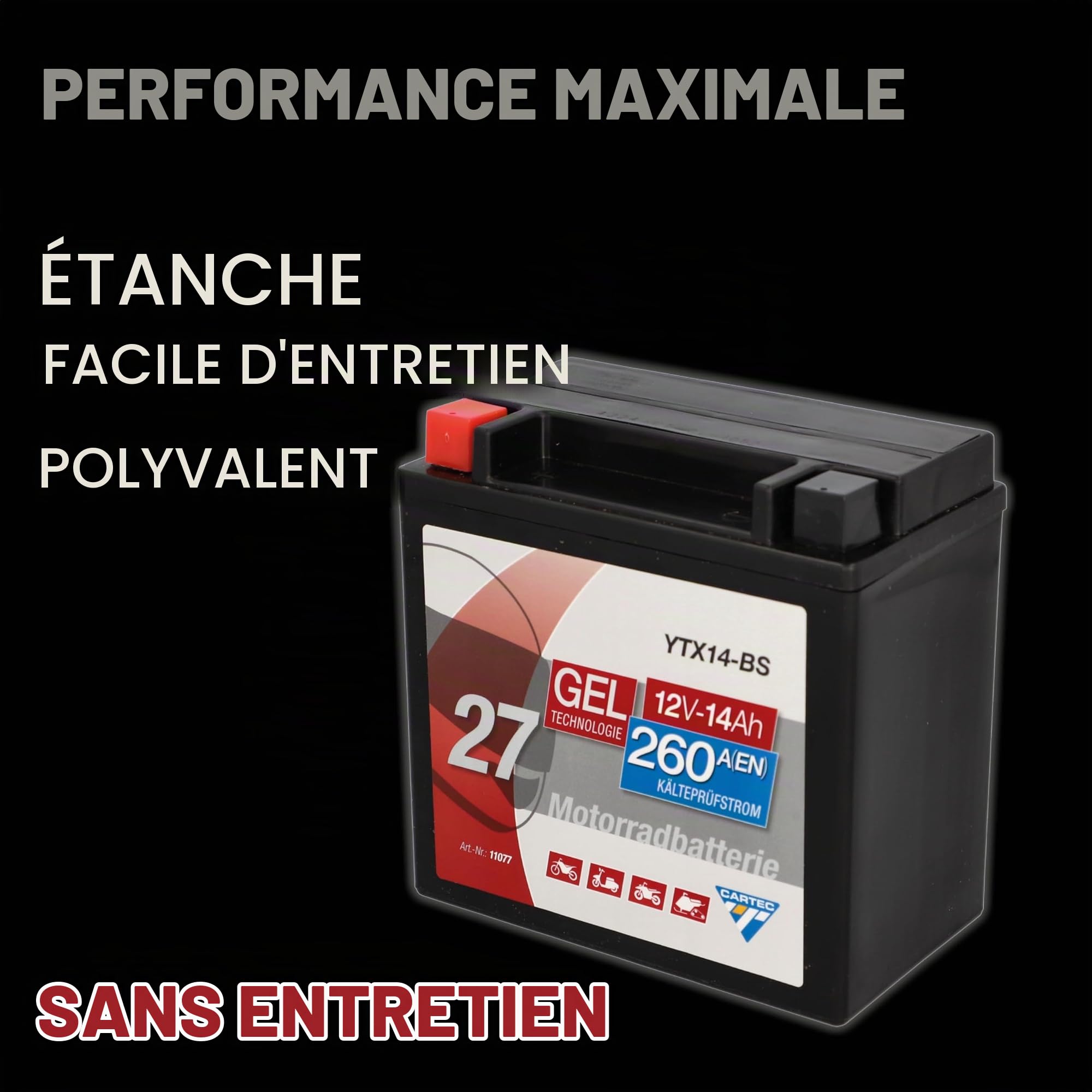 CARTEC Batterie moto YTX14-BS, 12Ah, 200A, Technologie Gel Batterie de Démarrage Moto, Qualité D'Origine, Résistante au Cyclage, Stockable, sans Entretien