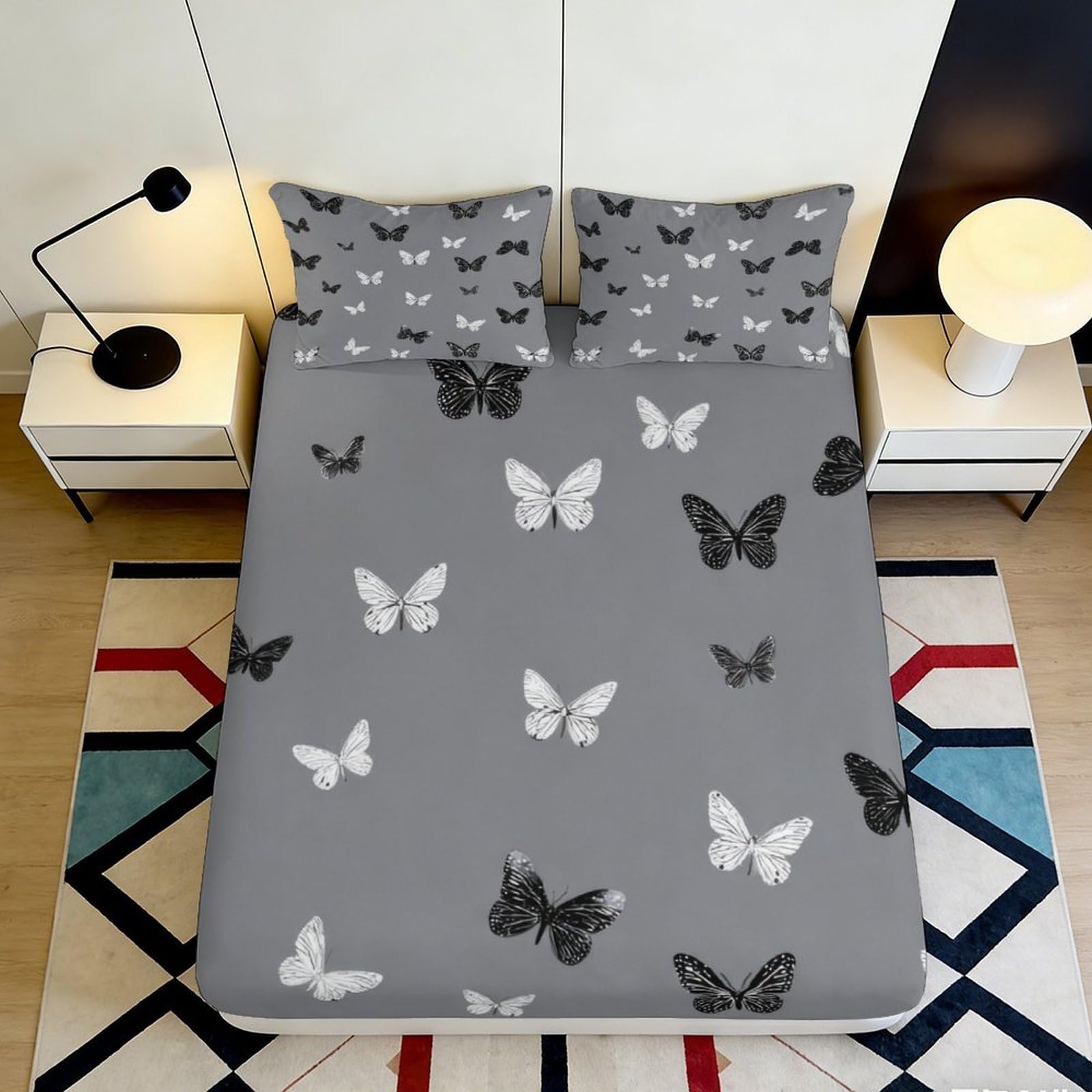 Pnayamiorkfel Style-10 3D Printed Grey Butterfly Fitted Sheet Microfiber Soft Bedroom Bed Cover For Mattress Protection Decor 90X200x25cm