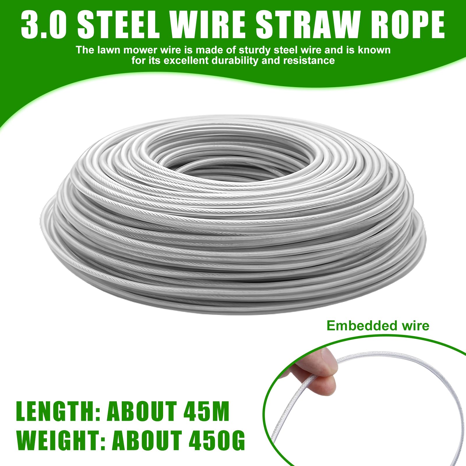 Filo per decespugliatore, 3,0 mm x 45 m, filo in acciaio per decespugliatore, filo di nylon, filo di ricambio per decespugliatore, filo universale per Weed Grass Yard Garden