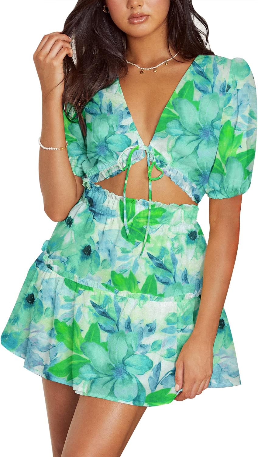 FANCYINN Women's 2025 Summer Dress Floral Cutout Tie Front Puff Sleeve Ruffle Swing Mini Short Dresses