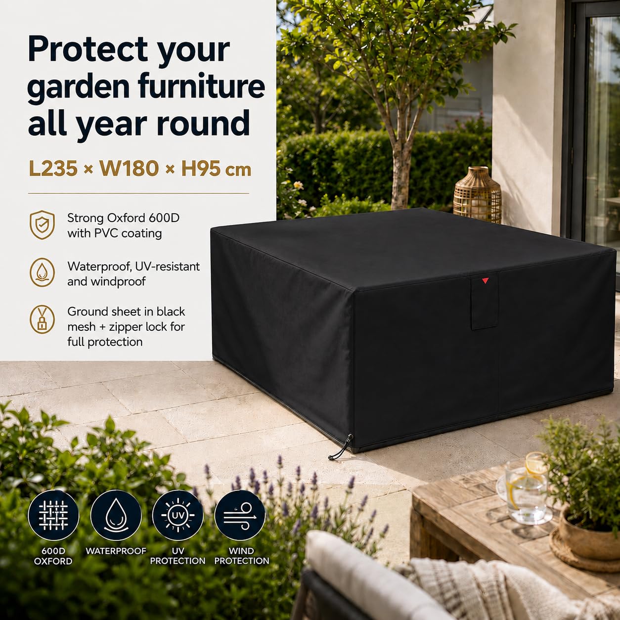 HOME It Garden Housse salon de jardin 235×180×95 cm - Oxford 600D enduit PVC, imperméable, protection UV, 2 aérations, fermeture éclair & cordon, noir