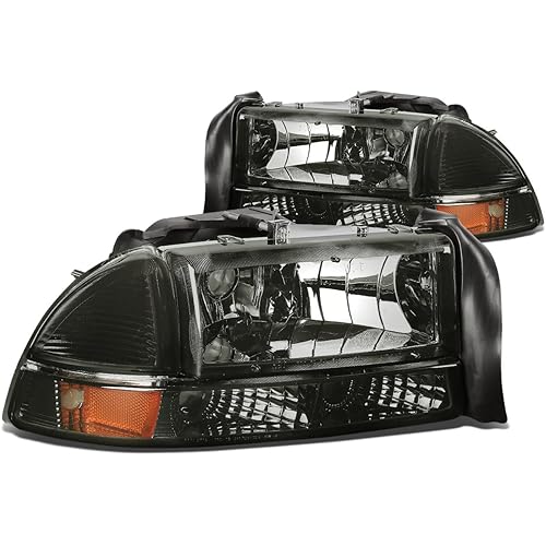 DNA MOTORING Pair Headlights Compatible with 97-04 Dodge Dakota / 98-03 Durango, Driver & Passenger Side, Smoke/Amber, HL-OH-DD974P-SM-AM