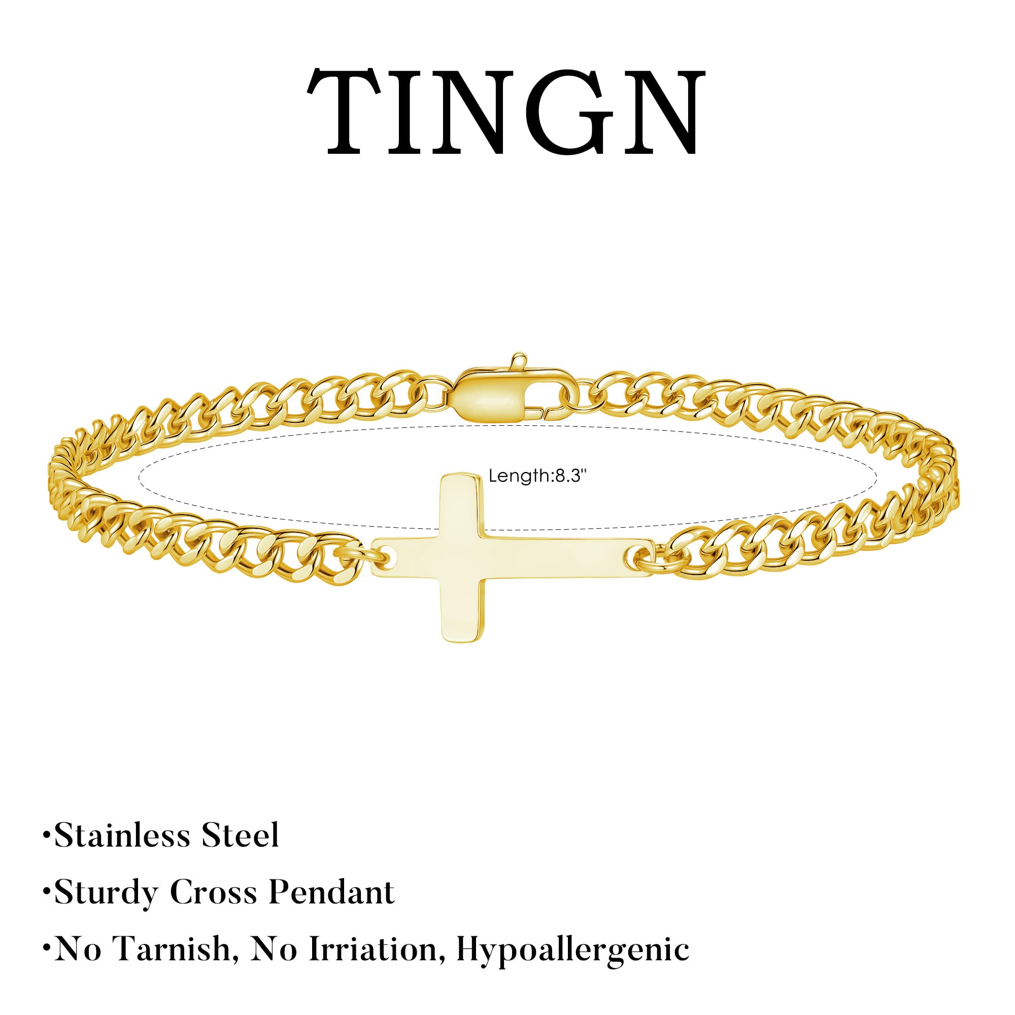 TINGN Bracelet pour homme en acier inoxydable 316L - Bracelet pour homme - Figaro cubain - Chaîne de réservoir avec croix - Cadeau pour homme, père, petit ami, frère