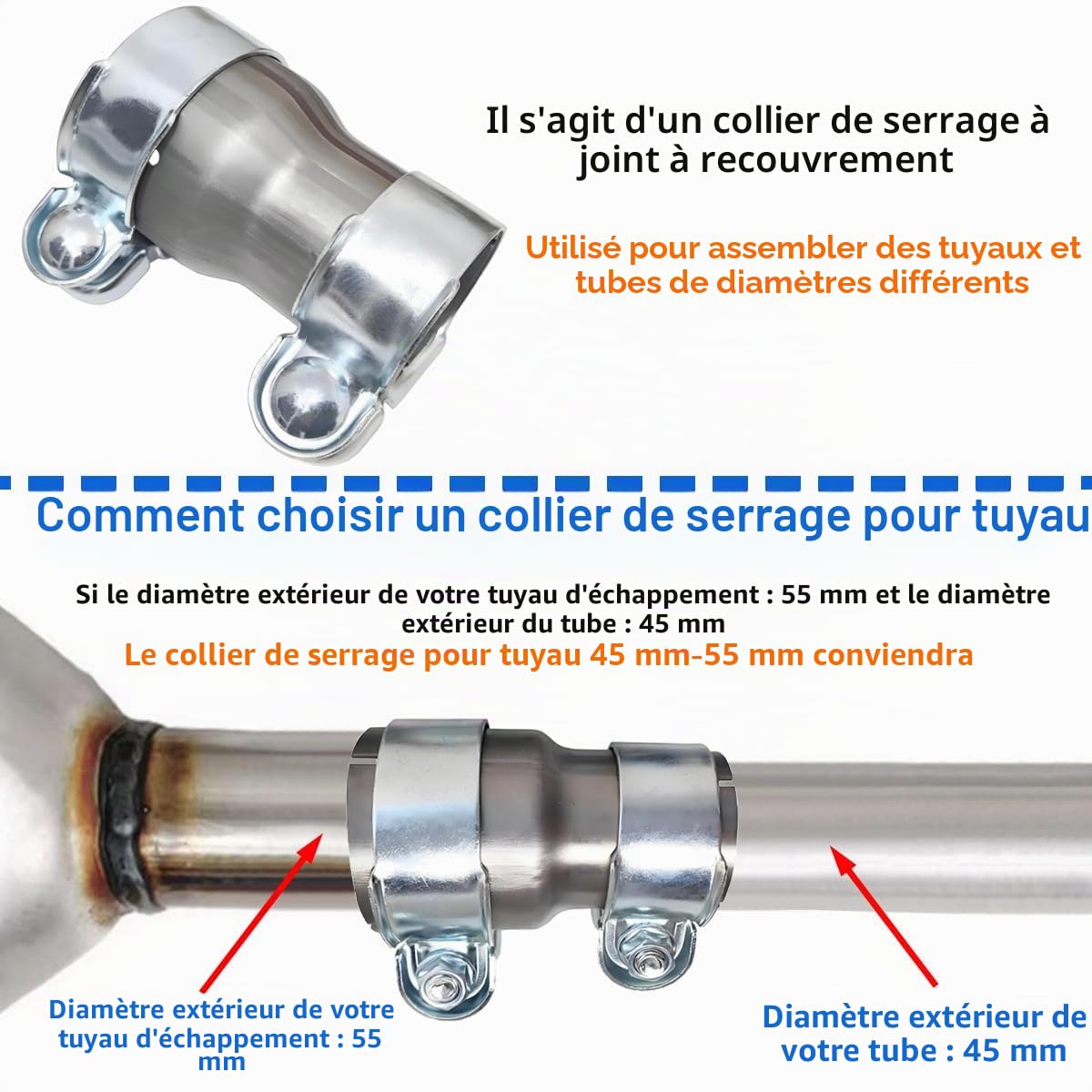 Raccord Réducteur pour Tuyau d'échappement 40mm à 45mm Connecteur de Tuyau Collier échappement Tuyau de Raccordement Réducteur Acier Inoxydable Collier de Serrage Réduction