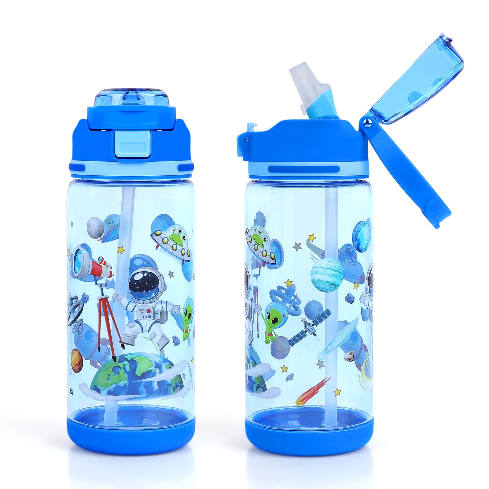 Decalsweet Kids Water Bottle With Straw,600ml Childrens Water Bottle,Leakproof Kids Drinks for School Travel,Lightweight Sport Bottle for Boys Girls,Astronaut