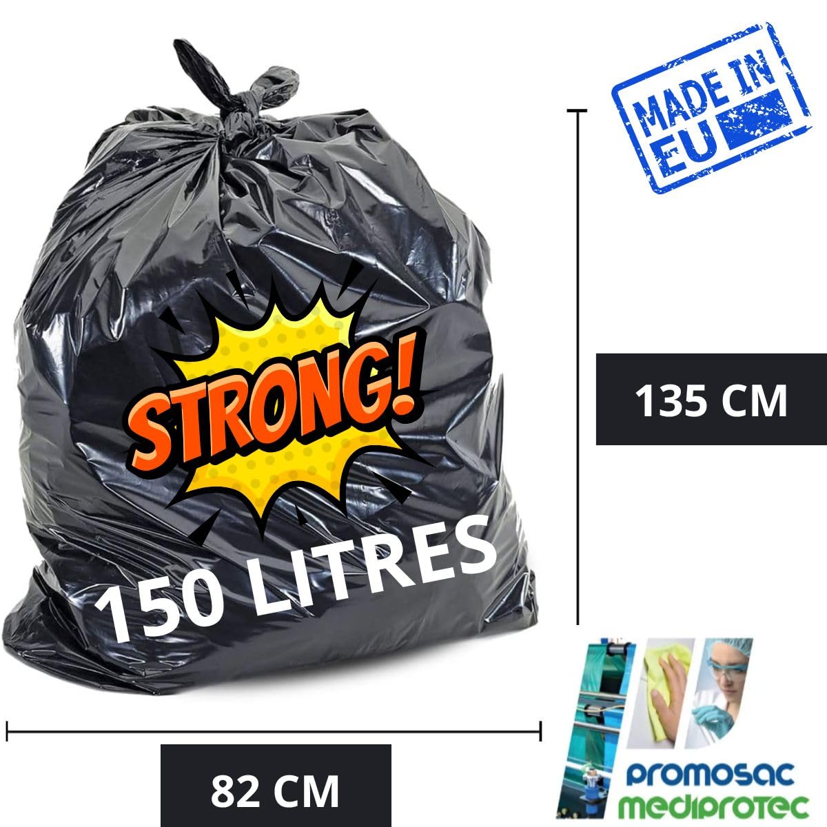 Bolsa de basura de 150 litros reforzada | Lote de 100 bolsas de 150 L ultra resistentes | Gama profesional | Residuos pesados hasta 35 KGS | Obras - Oficinas - Comercios - Restauración (150 litros)
