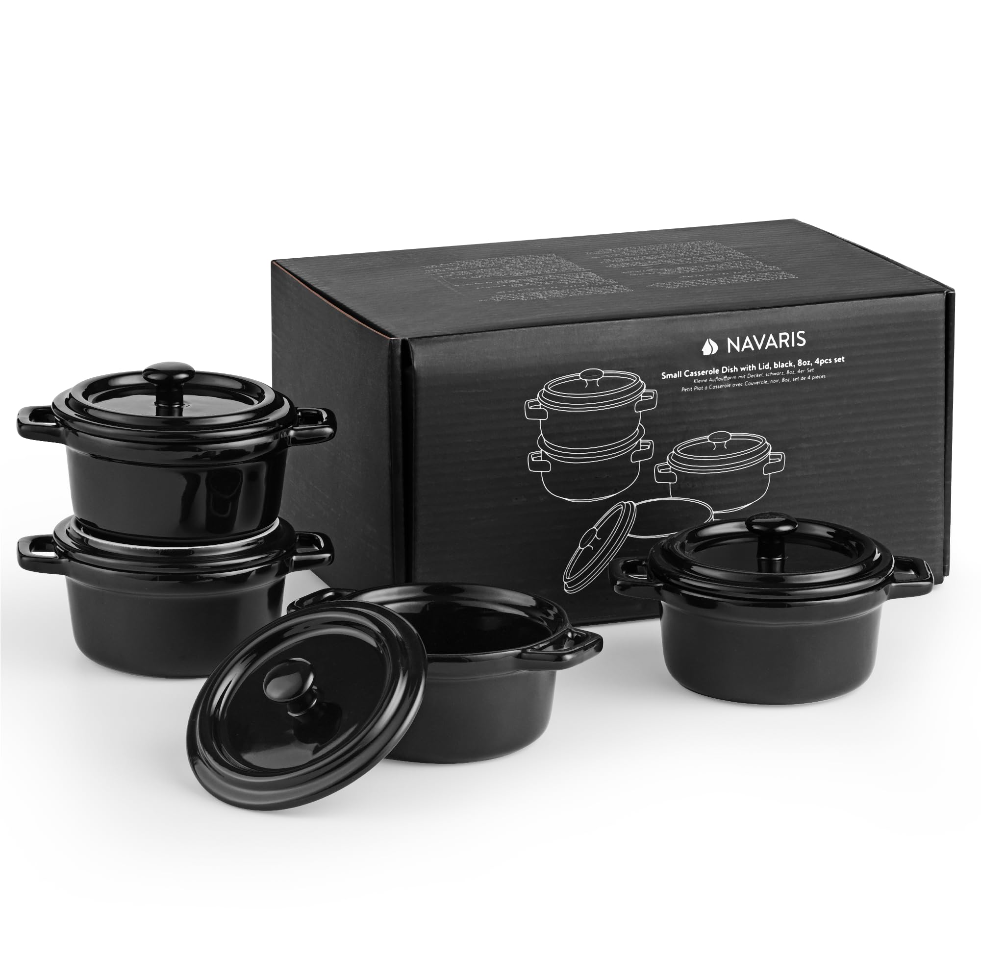 Navaris Mini Cazuelas de Cocina - 4x Cacerola Horno con Tapa de Cerámica - Cazuelitas Individuales 14 x 11 x 7 cm - Cacerolas para Lasagna Postres Sopas - 4x Cazuela Cocotte Negra
