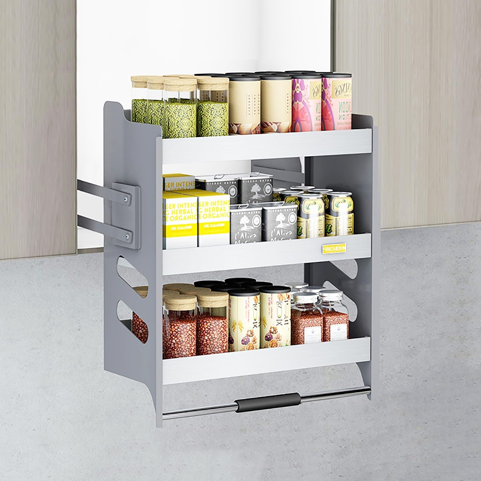 3-Tier Kitchen Cabinet Pull Down Shelf, Heavy-Duty Shelf Lifting Basket for Upper Kitchen Wall Cabinet, Metal Dish and Spice Rack System Lift Upper Cabinet
