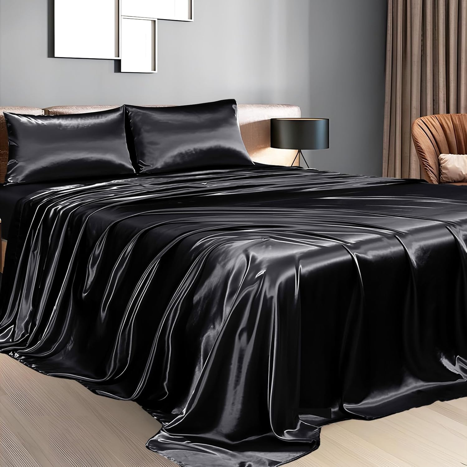 Sasttie Satin Twin Sheet Set, Black Satin Twin Bed Sheets