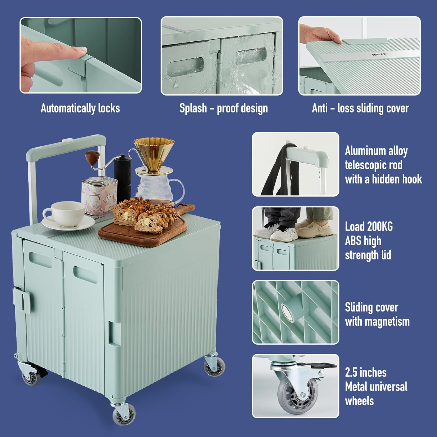 Folding Utility Cart Portable Rolling Crate Handcart Shopping Trolley Collapsible Tool Box, with Lid, on Rotate Wheels, for Grocery, Shopping, Office, Teacher, Camp,File (Green)