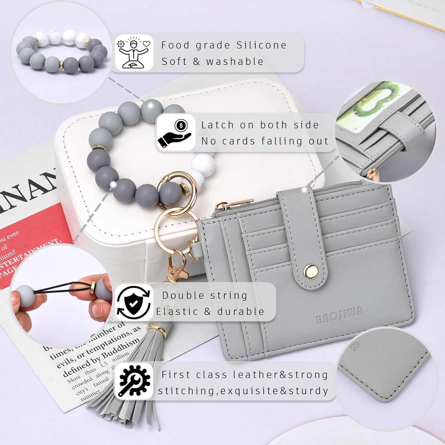 BAOSIWA Silicone Bracelet Keychain Wallet for Women Wristlet Card Holder Slim RFID Wallet with Zipper Pocket - Image 3