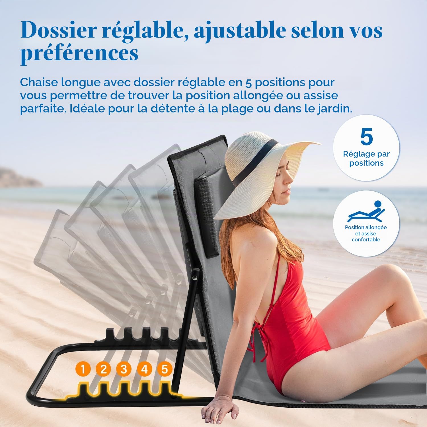 Lospitch Lot de 2 chaises de plage pliables, légères, tapis de plage rembourrés, sac à main, compartiments de rangement, coussin intégré avec réglage à 5 vitesses, tissu résistant à l'usure (158 cm,