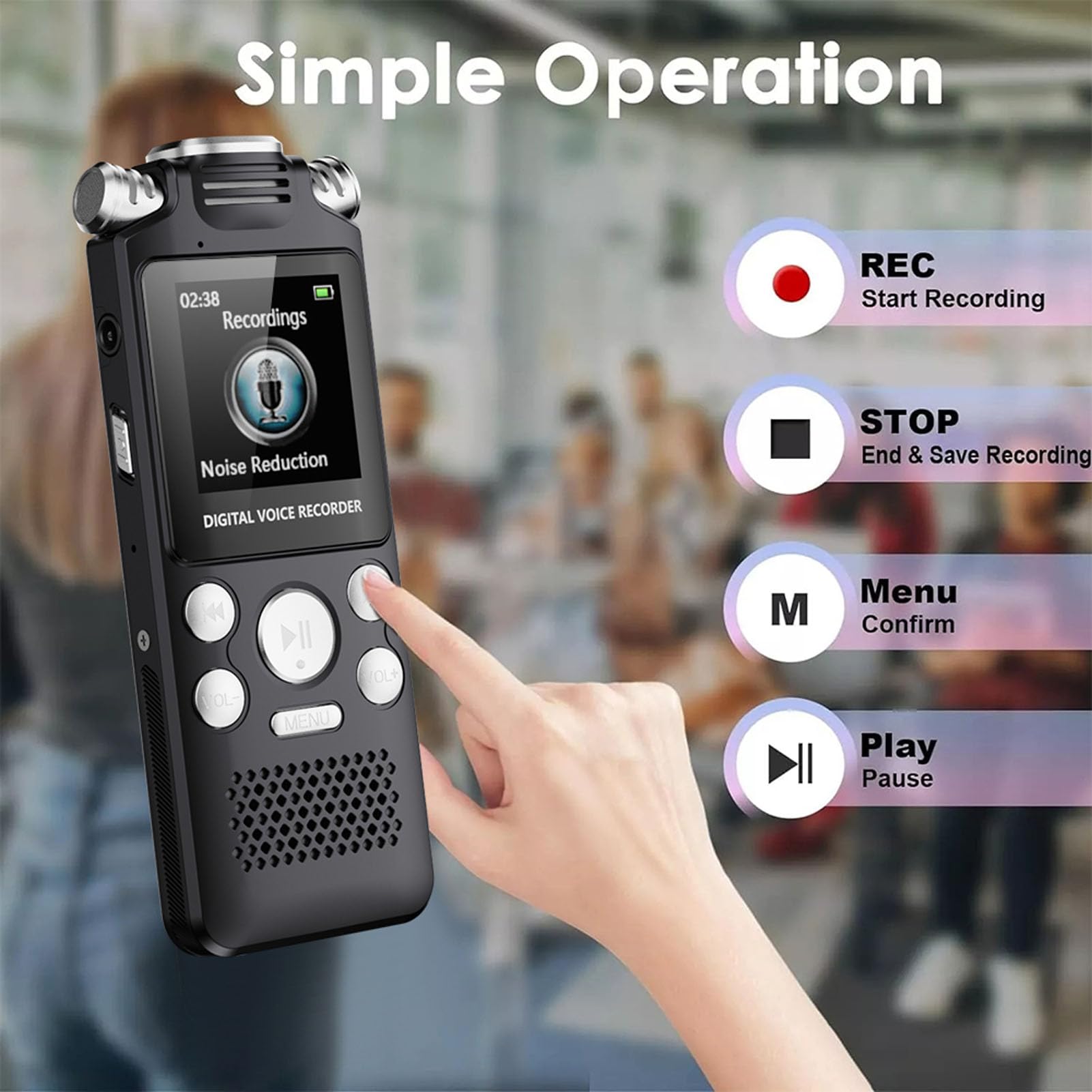 Cryfokt Grabadora de Voz Digital con Reproducción, Grabadora Activada por Voz con Reducción de Ruido y Reproductor MP3 for Clases, Reuniones, Entrevistas (16GB)