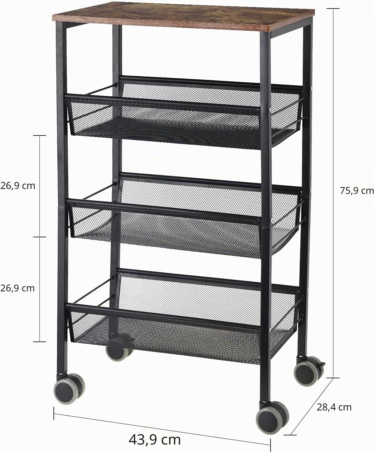 YBING Chariot étagère 4 étages avec Plateau en Bois, Chariot de Cuisine, de Service en métal B'44 x D'29 x H'76,5 cm étagère sur roulettes pour Cuisine, Salle de Bain, Salon