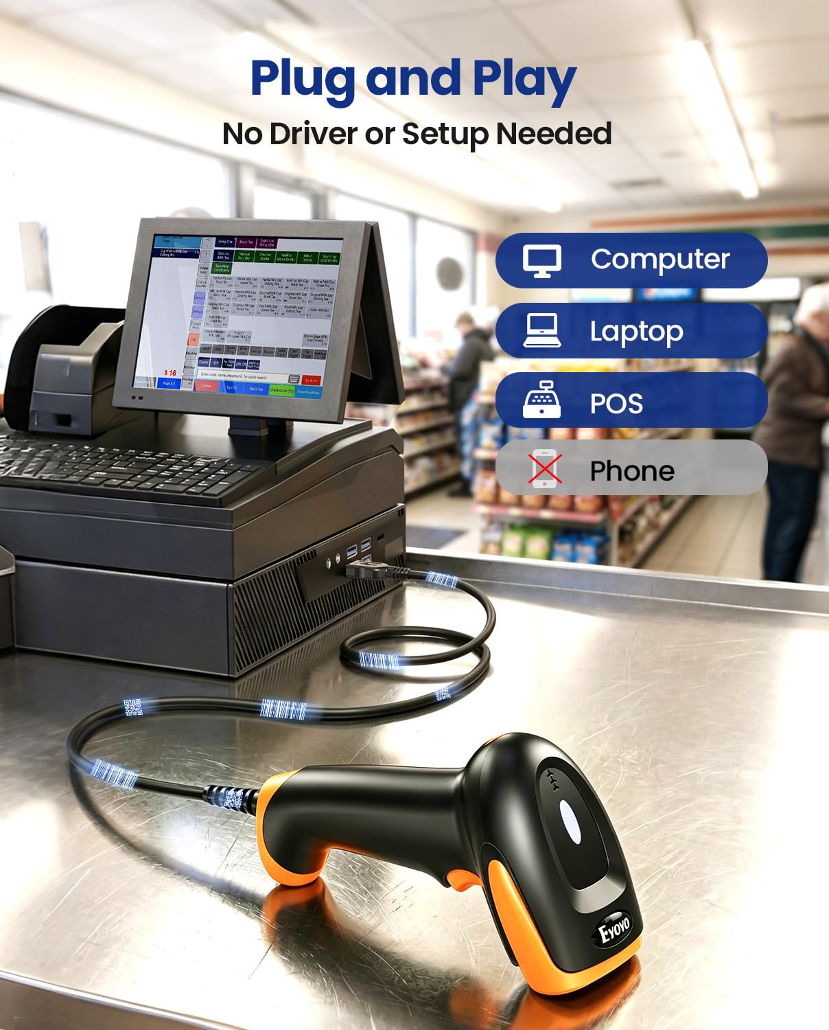 Eyoyo Barcode Scanner 1D 2D QR kabelgebunden, QR Code Scanner Handheld Barcode Leser für PC, Mac, Laptop (Orange)