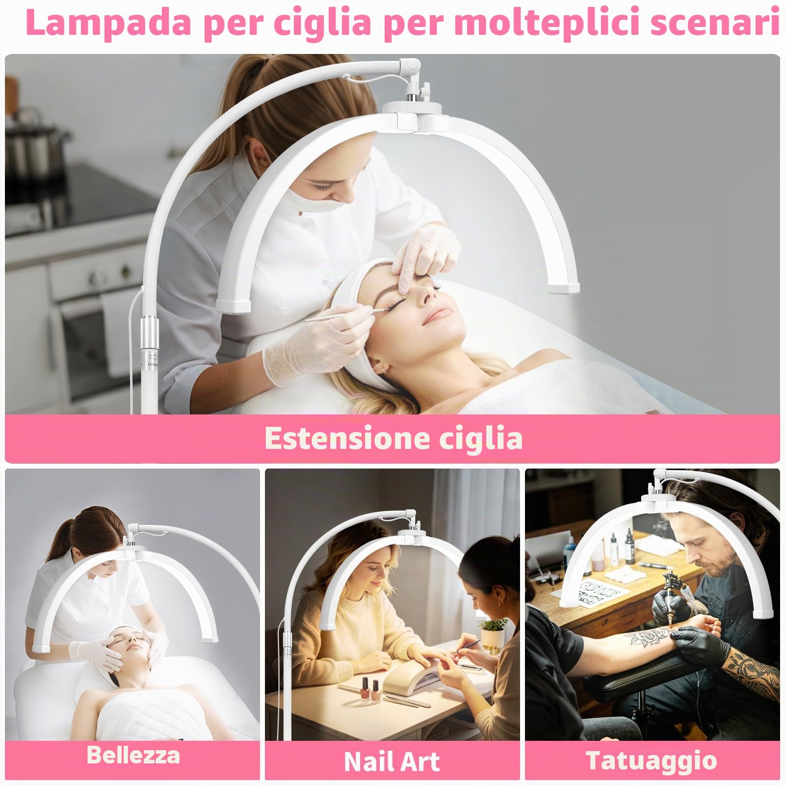 CGBE Lampada per Extension Ciglia Professionale Dimmerabile LED Mezza Luna | Lampada Lashmaker con Porta Cellulare - Testa Rotabile a 360° - Altezza Regolabili Lampada da Terra per Estetista - Bianco