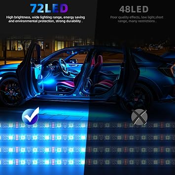 4PCS Car LED Interior Lights 72 LED Neon Car Lights DC 12V Multicolor Music Strip Light Under Dash Lighting Kit Floor Decor Atmosphere Strip Lamp Car Accessories with Sound Active and APP Function